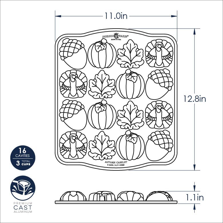 Nordic Ware aluminum Autumn Cakelet Pan with six leaf-shaped cavities, natural silver finish