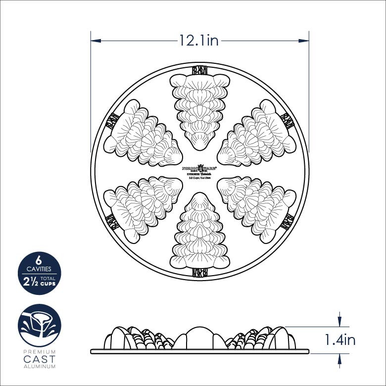 Nordic Ware Evergreen Cakelet Pan with six tree-shaped cavities, cast aluminum with natural finish