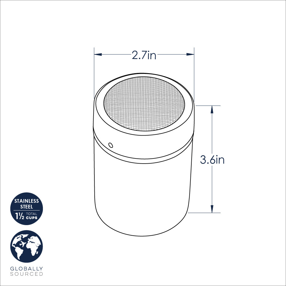 Nordic Ware aluminum powdered sugar duster with fine mesh screen lid, cylindrical canister in natural silver finish