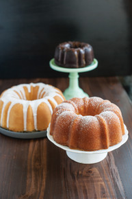 Nordic Ware bundt cakes, powdered surgar dusted on cake. 