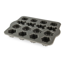 Nordic Ware Holiday Teacakes pan with 16 mini cavities in festive shapes, silver nonstick aluminum interior