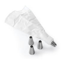 Nordic Ware 6-piece jumbo decorating set with 4 white plastic piping tips, coupler, and reusable pastry bag