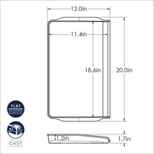 Technical diagram showing dimensions and measurements of Nordic Ware Double Backsplash Griddle with raised edges