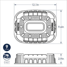 Nordic Ware Stadium Bundt pan dimensional drawing showing measurements and cross-section view