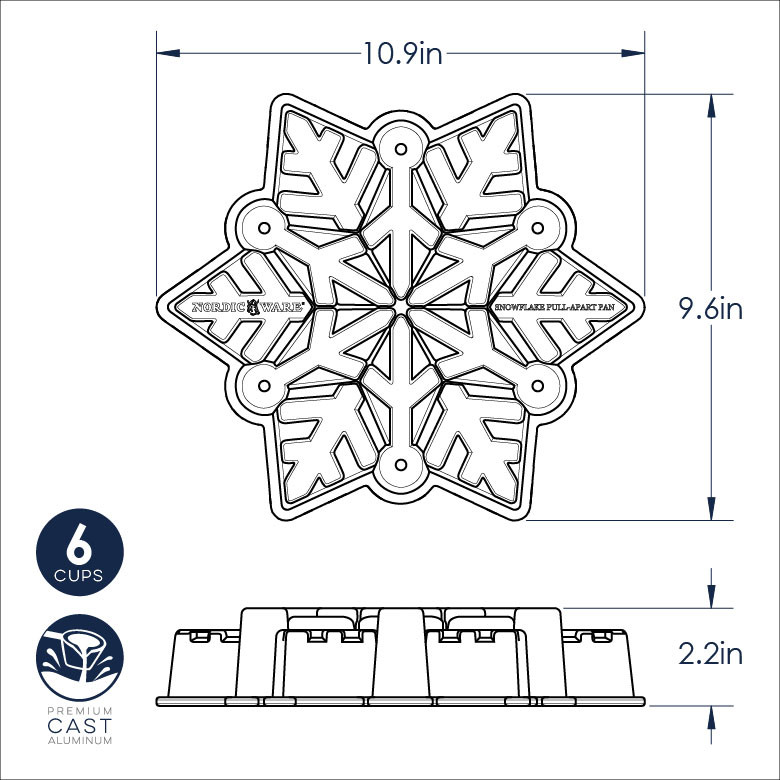 Nordic Ware aluminum snowflake-shaped baking pan with six connected sections, natural silver finish
