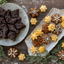 Golden snowflake-shaped cake with intricate detailed pattern, baked in Nordic Ware snowflake pan with small round cakes