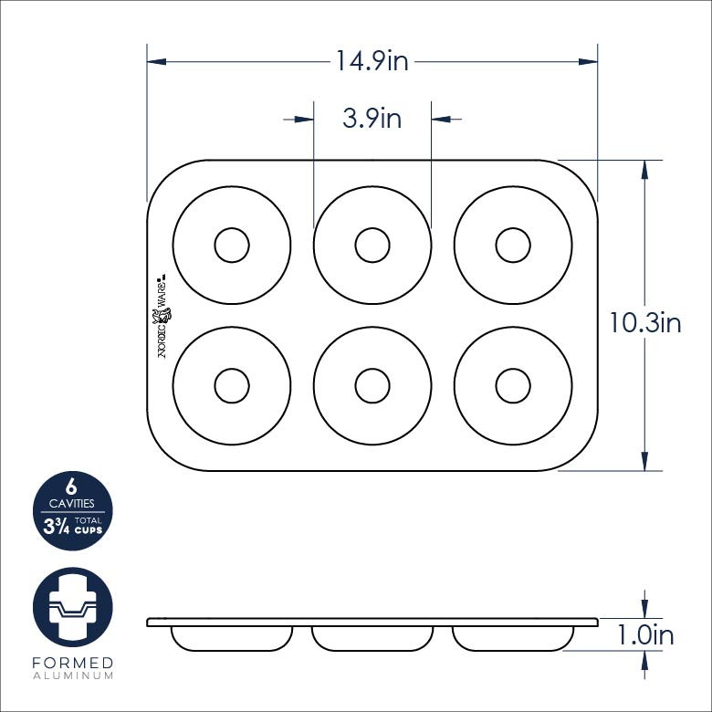 Blue aluminum donut baking pan with 12 round cavities, showing dimensional measurements and specifications
