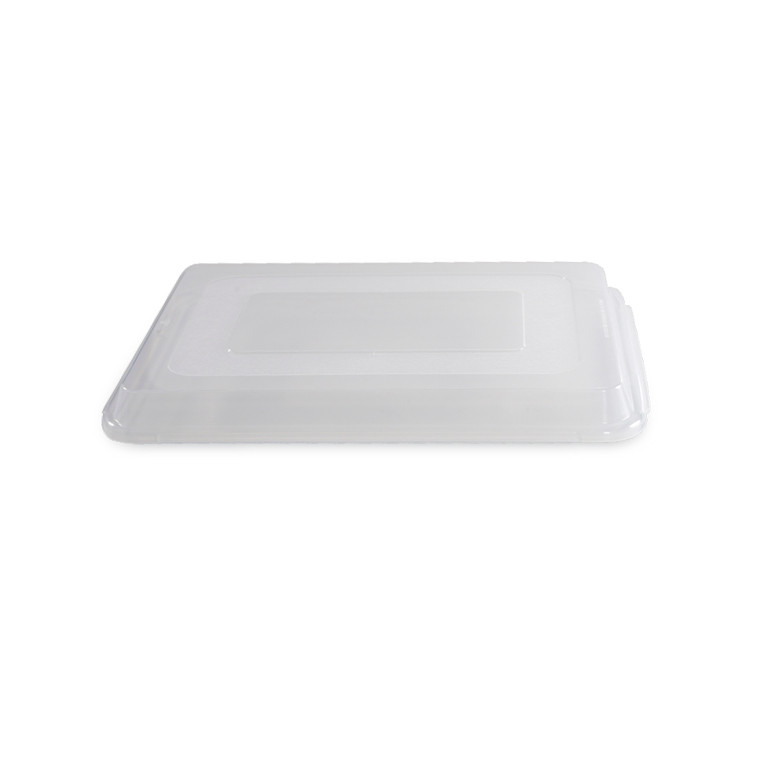 White plastic storage lid with clear center panel for Nordic Ware baking pans, rectangular shape