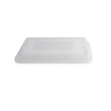White plastic storage lid with clear center panel for Nordic Ware baking pans, rectangular shape