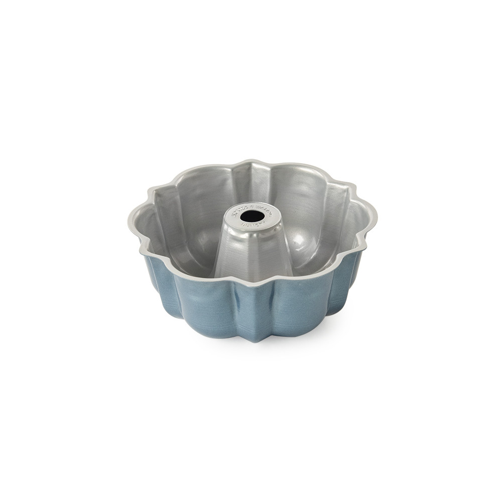 Nordic Ware 3-cup bundt pan in twilight blue aluminum with fluted design and central tube