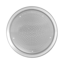 Round aluminum pizza crisper pan with perforated surface featuring small holes throughout, natural silver finish