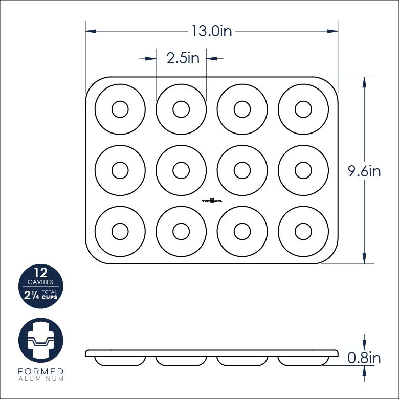 Nordic Ware aluminum mini donut pan dimensional drawing showing 12-cavity layout with measurements