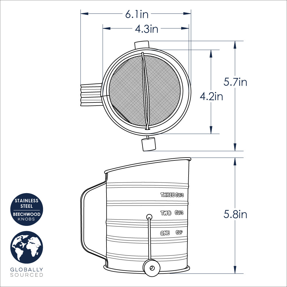 Nordic Ware aluminum flour sifter with hand crank handle, cylindrical shape with fine mesh screen