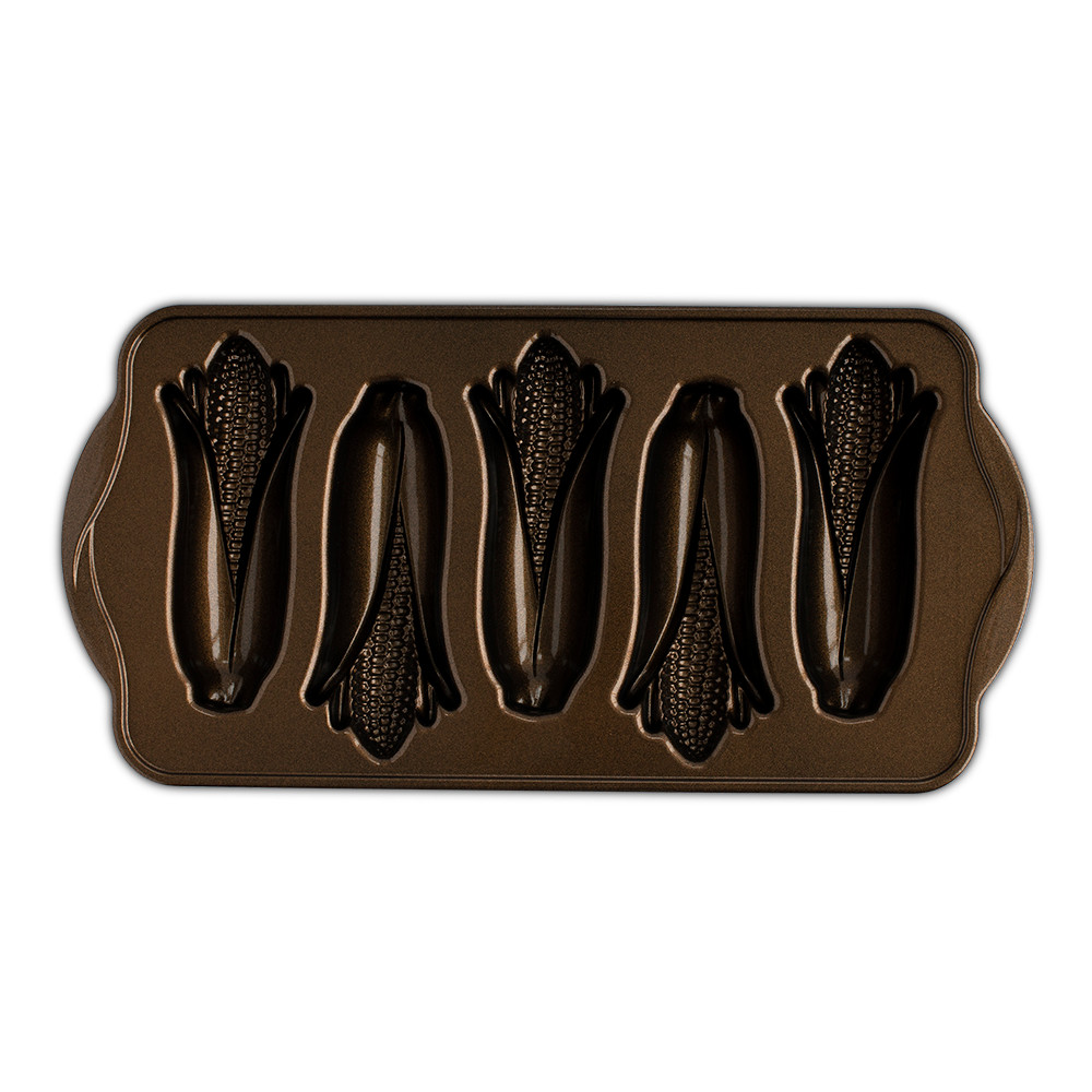 Nordic Ware aluminum corn cakes baking pan with bronze nonstick interior, 5 ear-shaped cavities