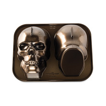 Nordic Ware aluminum skull-shaped cake pan with detailed cranium features, natural silver finish