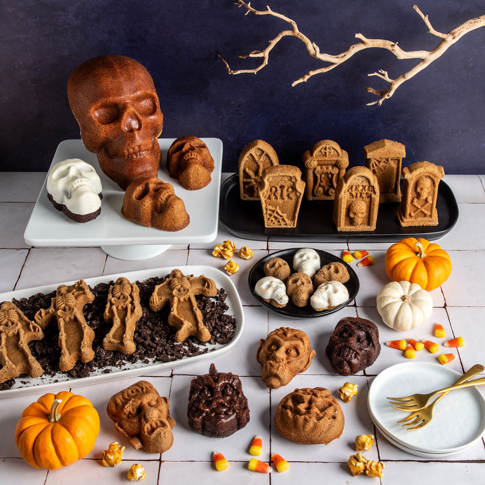 Halloween group with Skull cake, cakelets & bites, Tombstone cakelets, Skeleton cakes, Monster Mask Cakelets