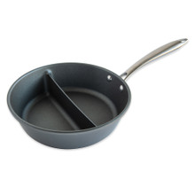 Nordic Ware aluminum saucepan with internal divider creating two compartments, silver finish with black handle
