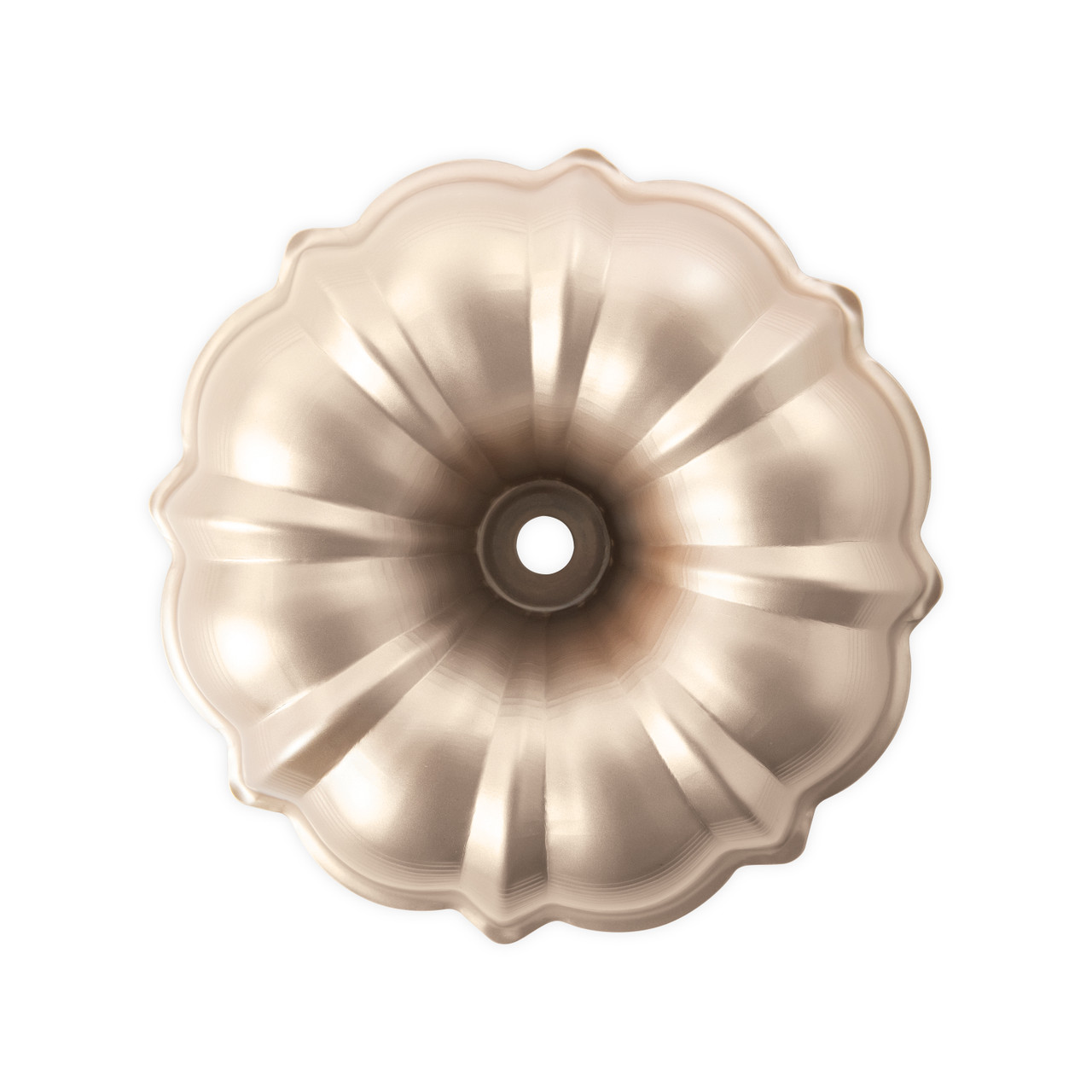 Fluted tube Nordic Ware 12 cup formed aluminum Bundt Pan in Golden Hour from Northern Lights collection, top view. 
