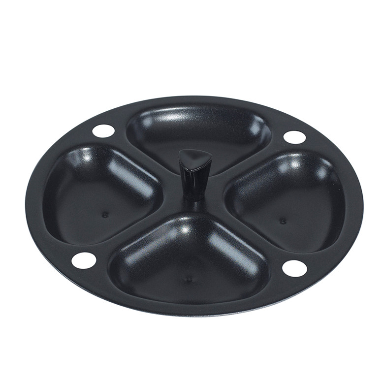 Nordic Ware nonstick egg poacher insert with 4 round white cavities and center handle, aluminum construction