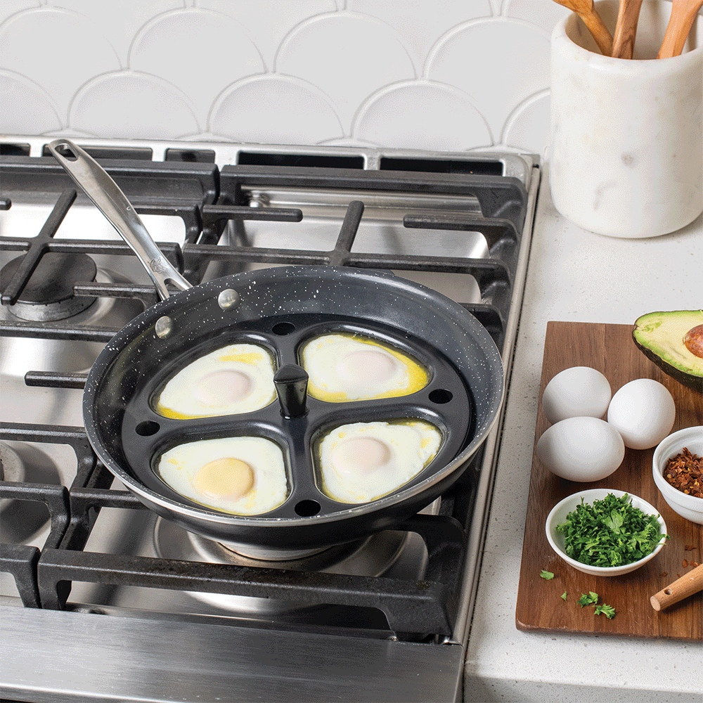 GIF showing steps for how to use Egg Poacher Insert on the stovetop inside a 10" Skillet