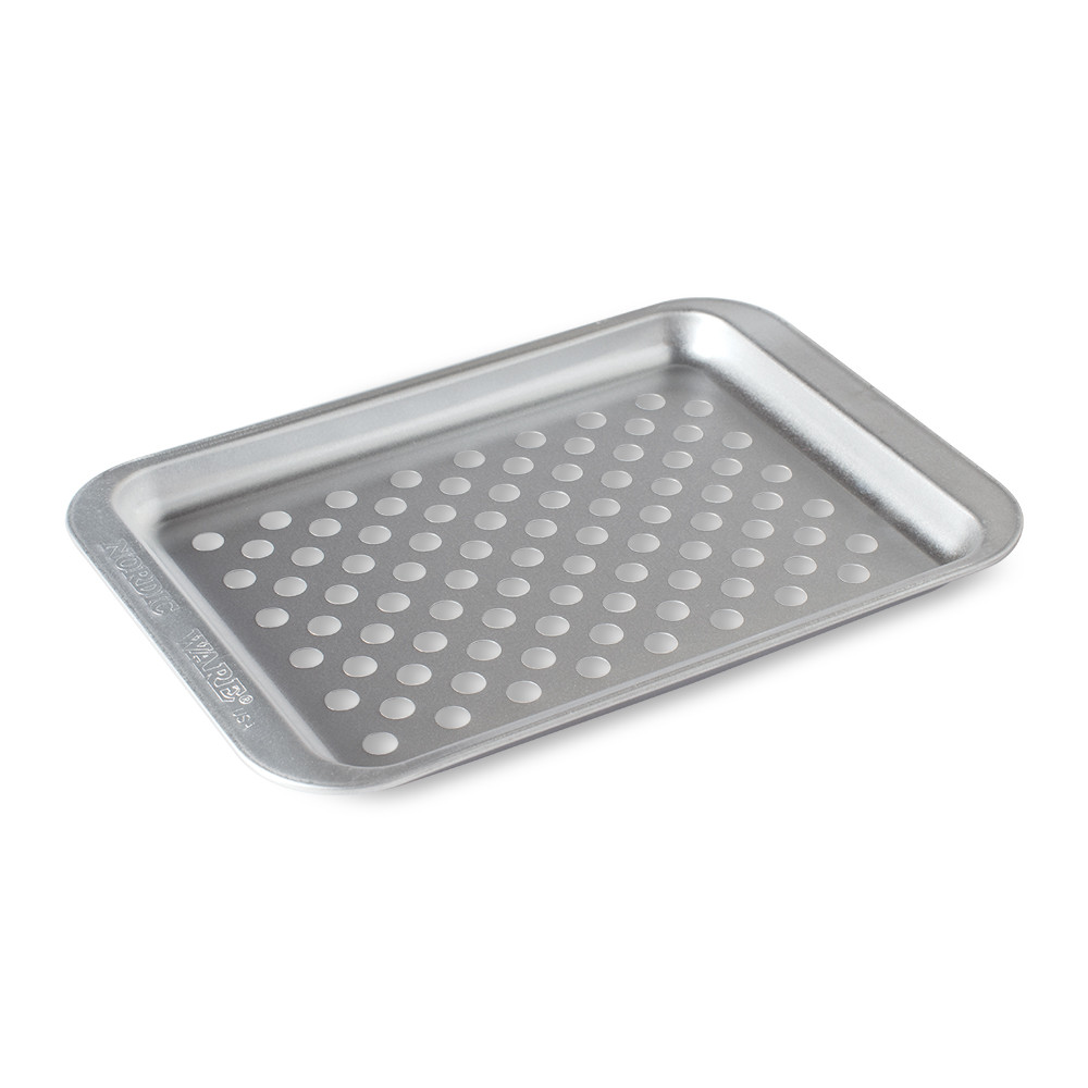 Nordic Ware aluminum crisping sheet with perforated holes throughout, rectangular compact size, natural silver finish