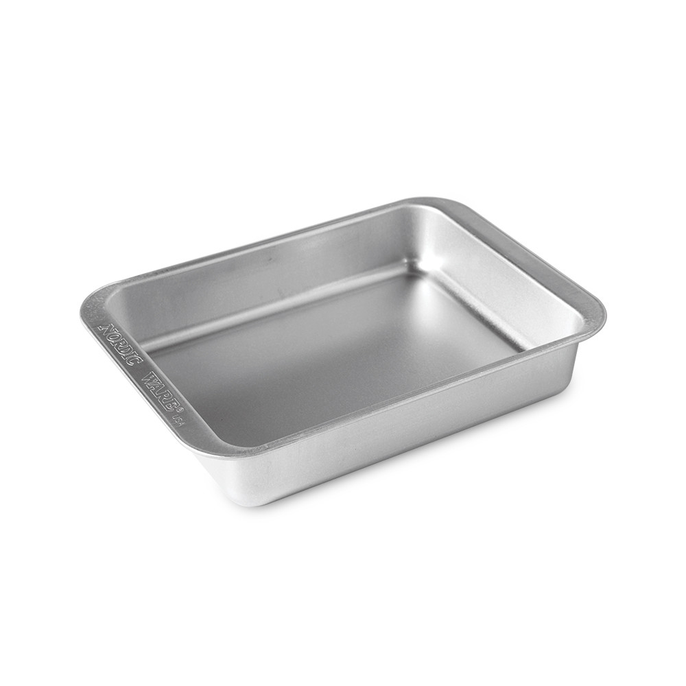 Nordic Ware aluminum rectangular baking dish with raised edges, natural silver finish, compact size