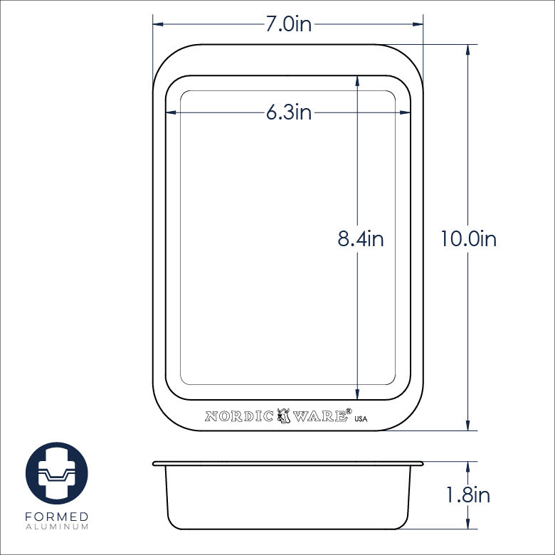 Nordic Ware Naturals aluminum rectangular baker with dimensional measurements and specifications diagram