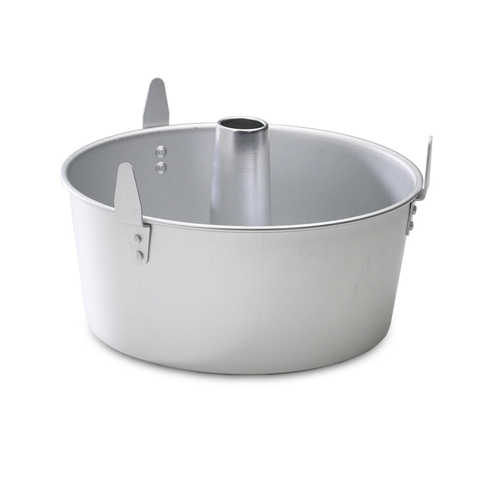 Nordic Ware aluminum angel food cake pan with removable center tube cone, natural silver finish, two-piece design