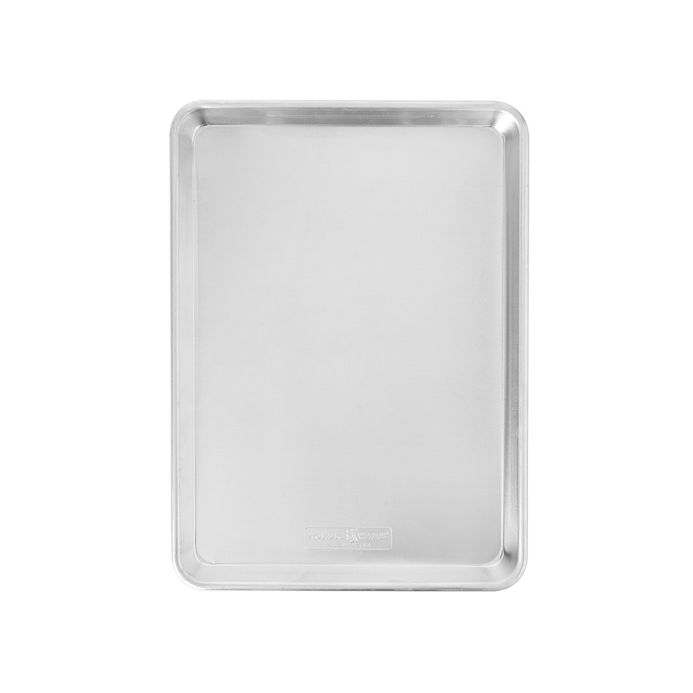 Nordic Ware Natural aluminum half sheet pan with raised edges, silver finish, overhead view