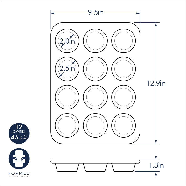 Technical drawing showing dimensions and measurements of Nordic Ware Naturals aluminum 12-cup muffin pan