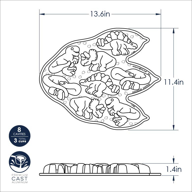 Nordic Ware aluminum dinosaur cakelet pan with six detailed dinosaur-shaped cavities, cast aluminum construction