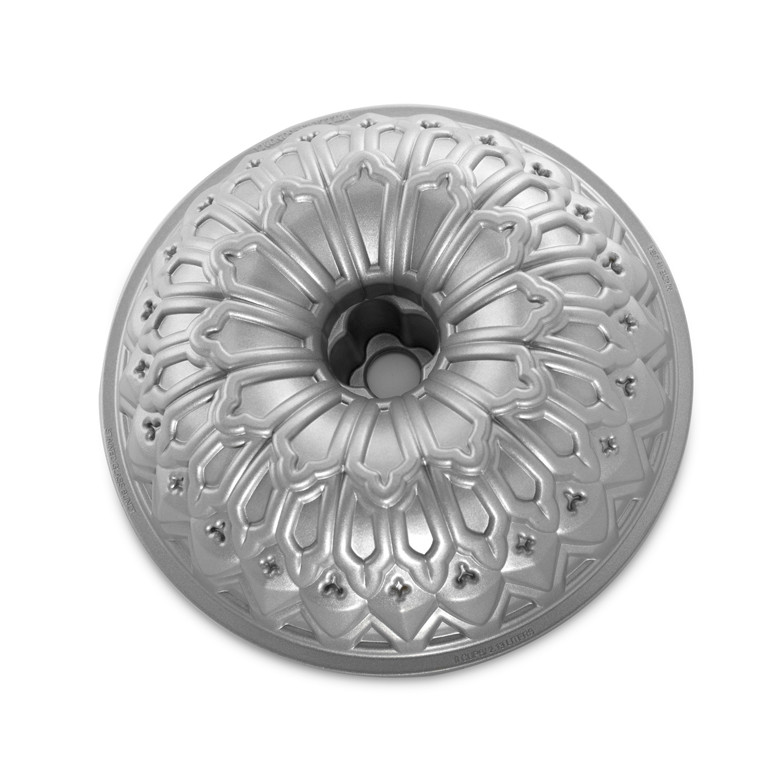 Nordic Ware aluminum Stained Glass Bundt pan with intricate geometric fluted design, silver finish