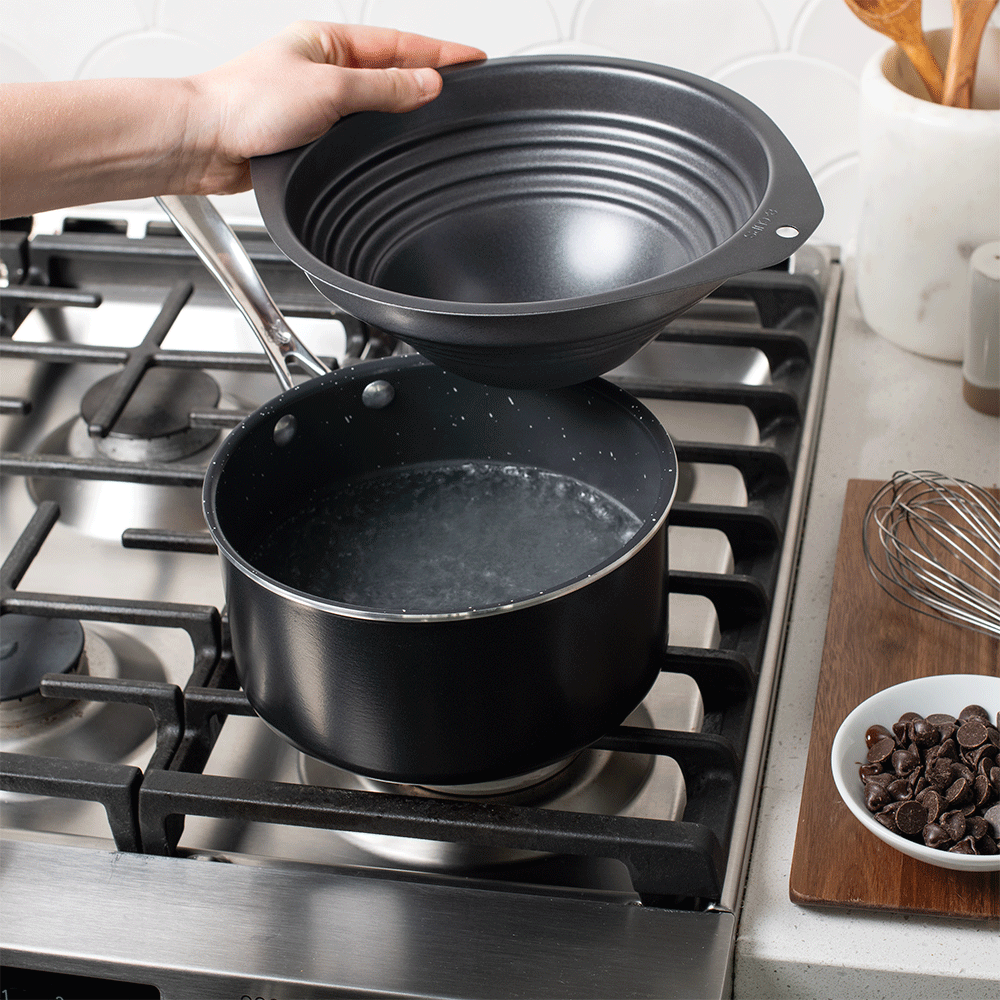 GIF of double boiler steps on the stovetop with chocolate