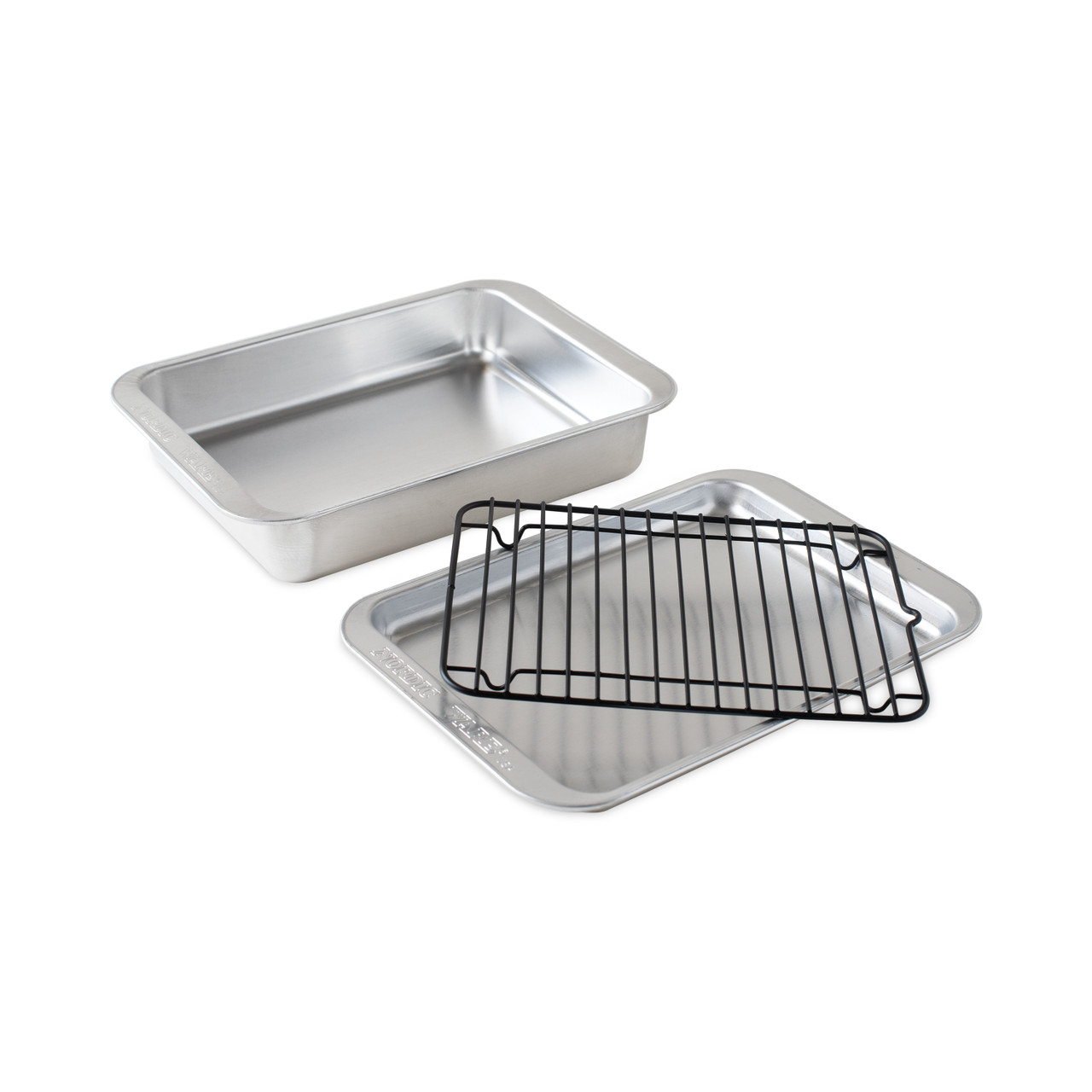 Three-piece Nordic Ware Naturals aluminum baking set with half sheet pan, quarter sheet pan, and cooling rack