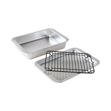 Three-piece Nordic Ware Naturals aluminum baking set with half sheet pan, quarter sheet pan, and cooling rack
