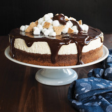 Nordic Ware 9-inch springform pan with removable bottom, displaying layered s'mores dessert with chocolate and marshmallow