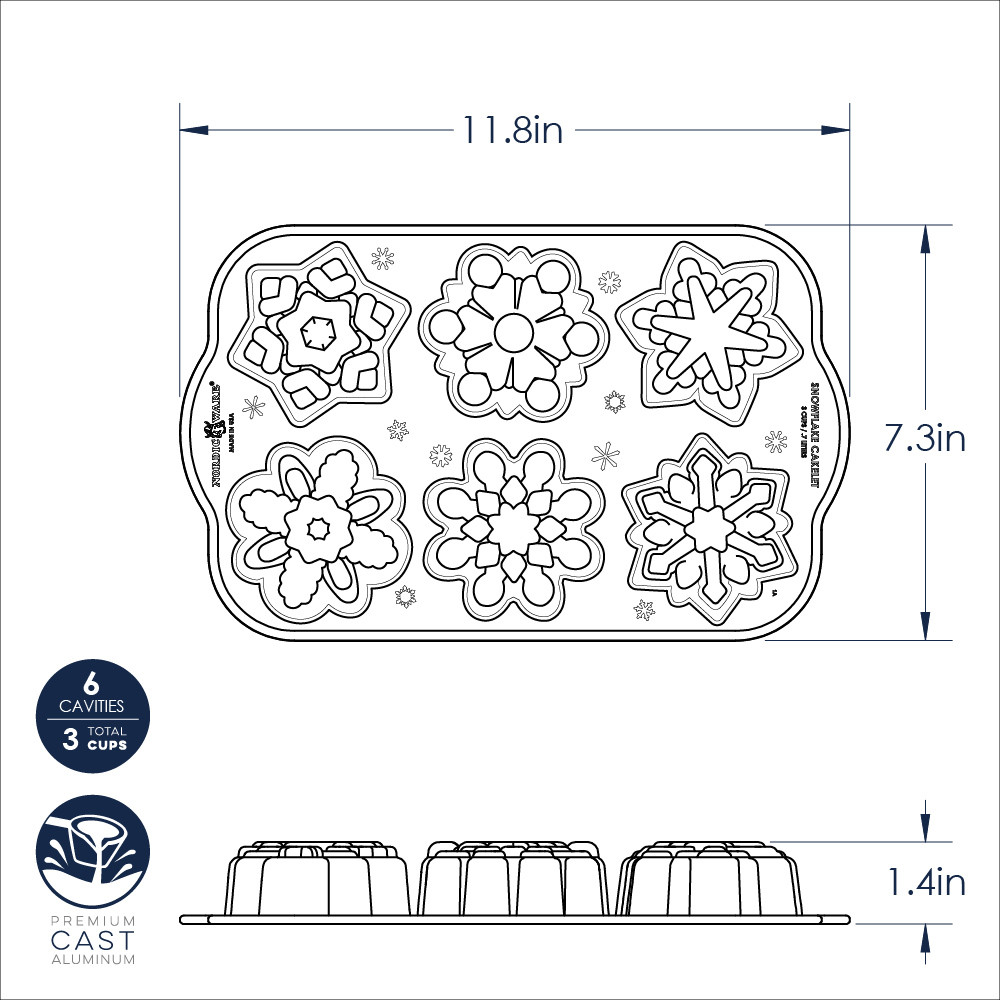 Nordic Ware aluminum snowflake cakelet pan with 6 detailed snowflake-shaped cavities, natural silver finish