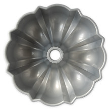 Nordic Ware aluminum bundt pan with silver nonstick interior, overhead view showing fluted ring design