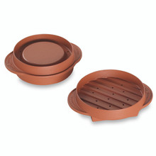 White plastic Nordic Ware stuffed burger maker with ridged pressing surface and handle, kitchen tool for forming patties