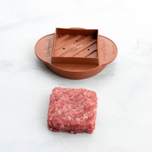 Nordic Ware aluminum stuffed burger maker with formed square beef patty, silver finish patty press tool