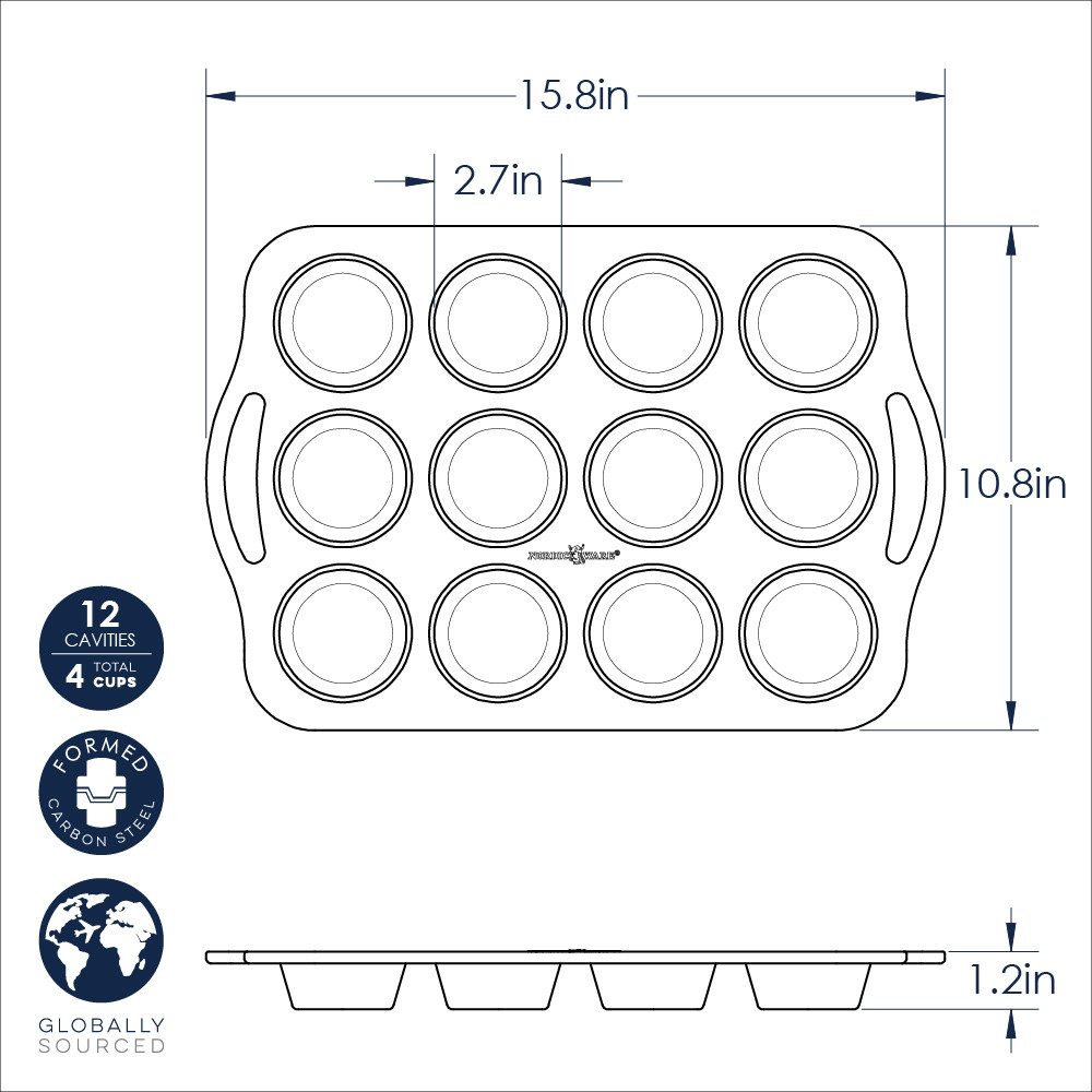 Nordic Ware aluminum treat muffin pan with 12 cavities in fun shapes including hearts, stars, and flowers
