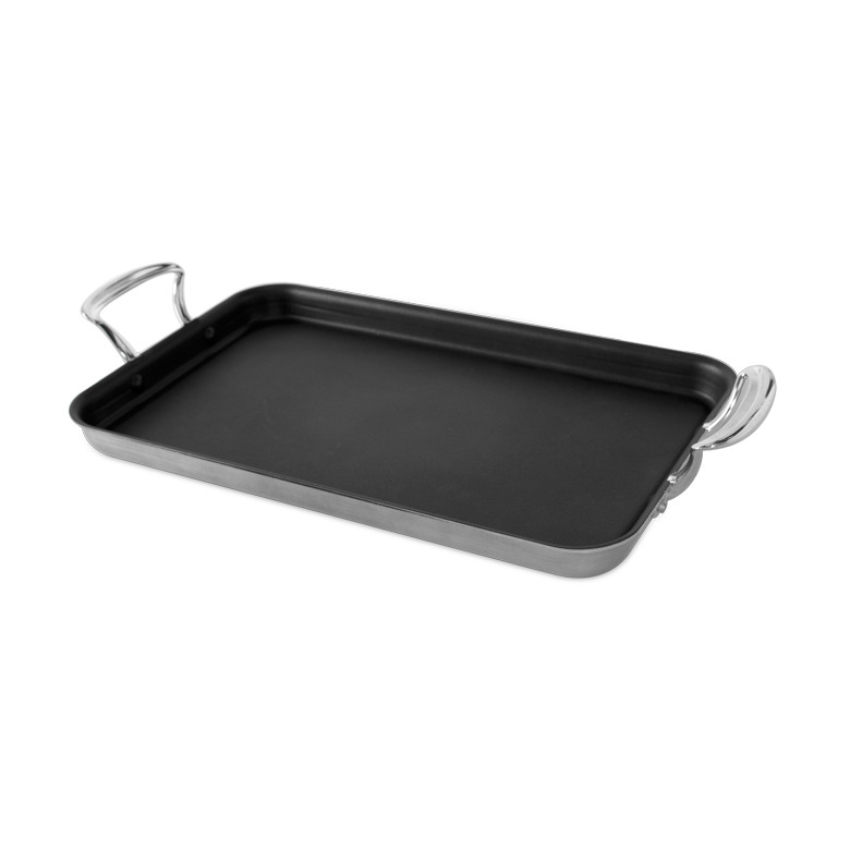 Nordic Ware aluminum rectangular griddle with raised 1-inch sides and dual handles, natural silver finish