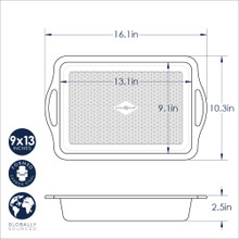 Nordic Ware Treat aluminum 9x13 cake pan with textured bottom and integrated handles, silver finish
