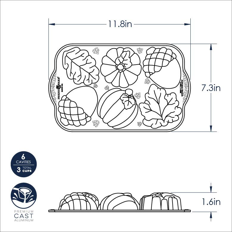 Nordic Ware aluminum autumn leaves baking pan technical drawing with measurements
