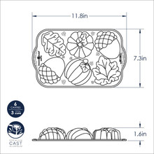 Nordic Ware aluminum autumn leaves baking pan technical drawing with measurements