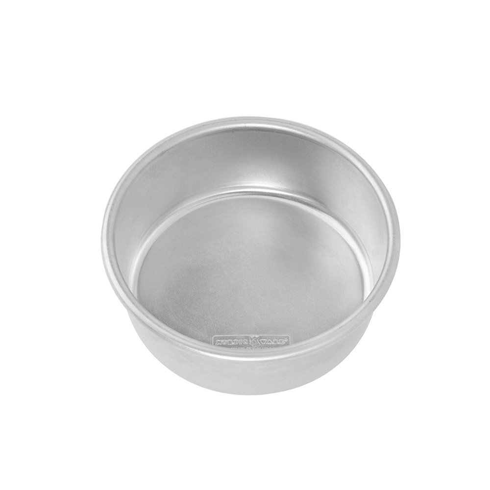 Nordic Ware Naturals aluminum 6-inch round layer cake pan, natural silver finish, angled view
