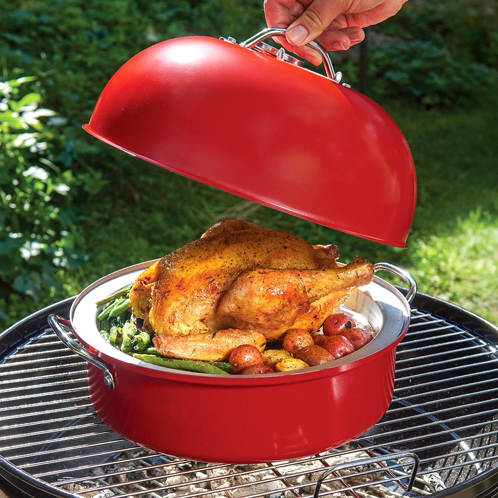 Indoor/Outdoor Kettle Smoker on the grill with whole cooked chicken and potatoes