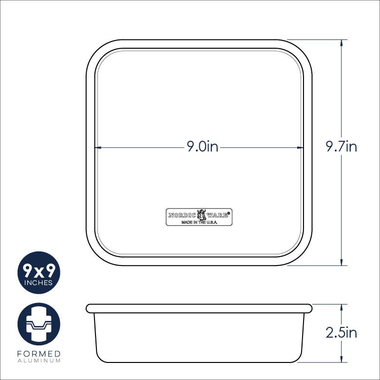 Nordic Ware Naturals aluminum 9-inch square cake pan with dimensional measurements and specifications diagram