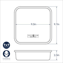 Nordic Ware Naturals aluminum 9-inch square cake pan with dimensional measurements and specifications diagram