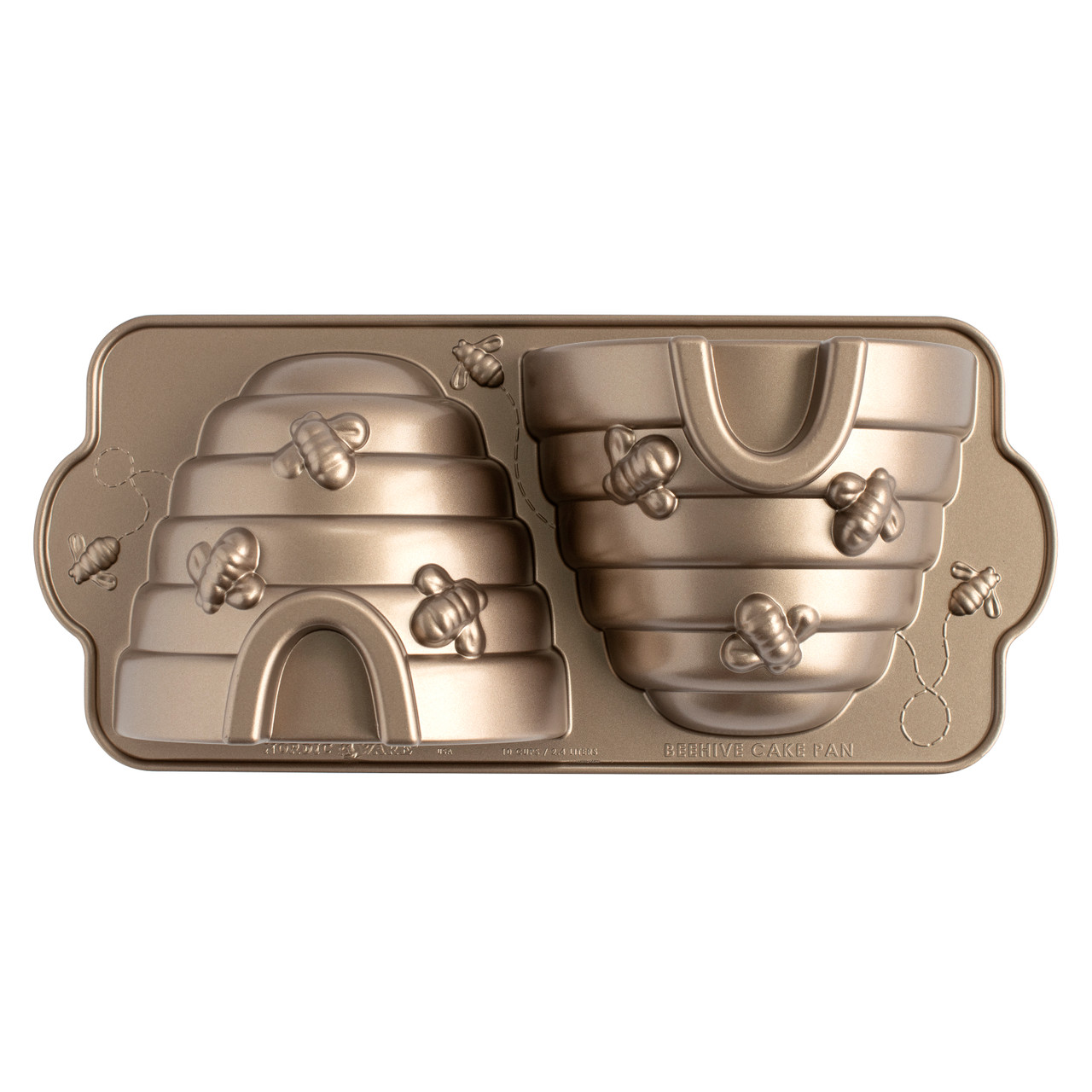 Nordic Ware aluminum beehive cake pan in toffee color, featuring hexagonal honeycomb pattern and dome shape